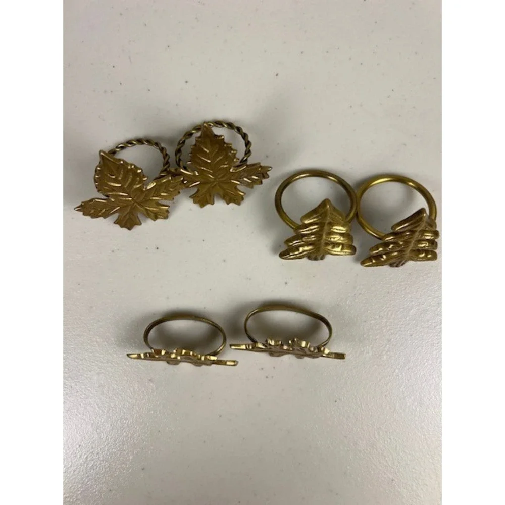 Vintage Brass‎ Napkin Rings Set of 6 Mixed Leaves and Christmas Trees Gold Tone